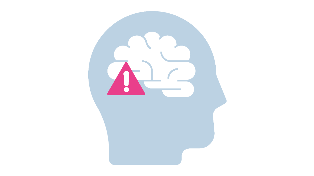 Illustration of the inside of the head showing the brain with a warning icon
